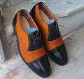 Stylish Handmade Men's Tan & Black Leather Cap Toe Brogue Lace Up Dress Shoes - theleathersouq