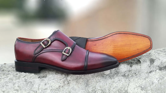 Elegant Men's Handmade Burgundy Leather Cap Toe Double Monk Strap Dress Shoes - theleathersouq