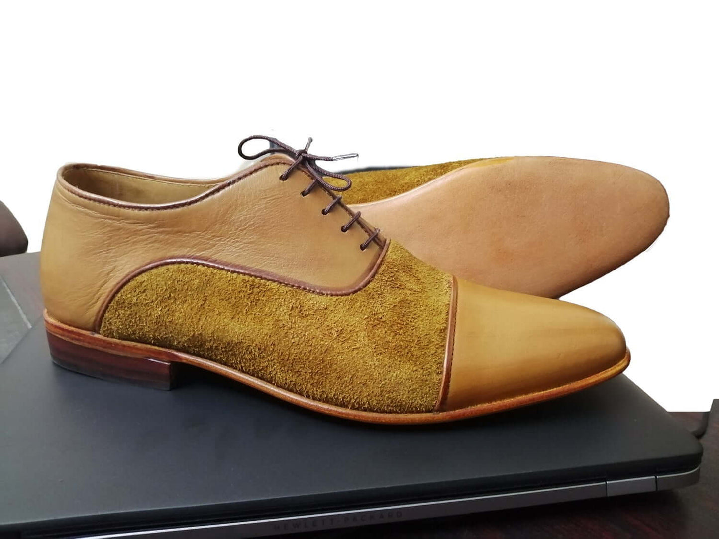 Men's Handmade Tan leather & Suede Cap Toe Lace Up Dress Fashion Shoes - theleathersouq