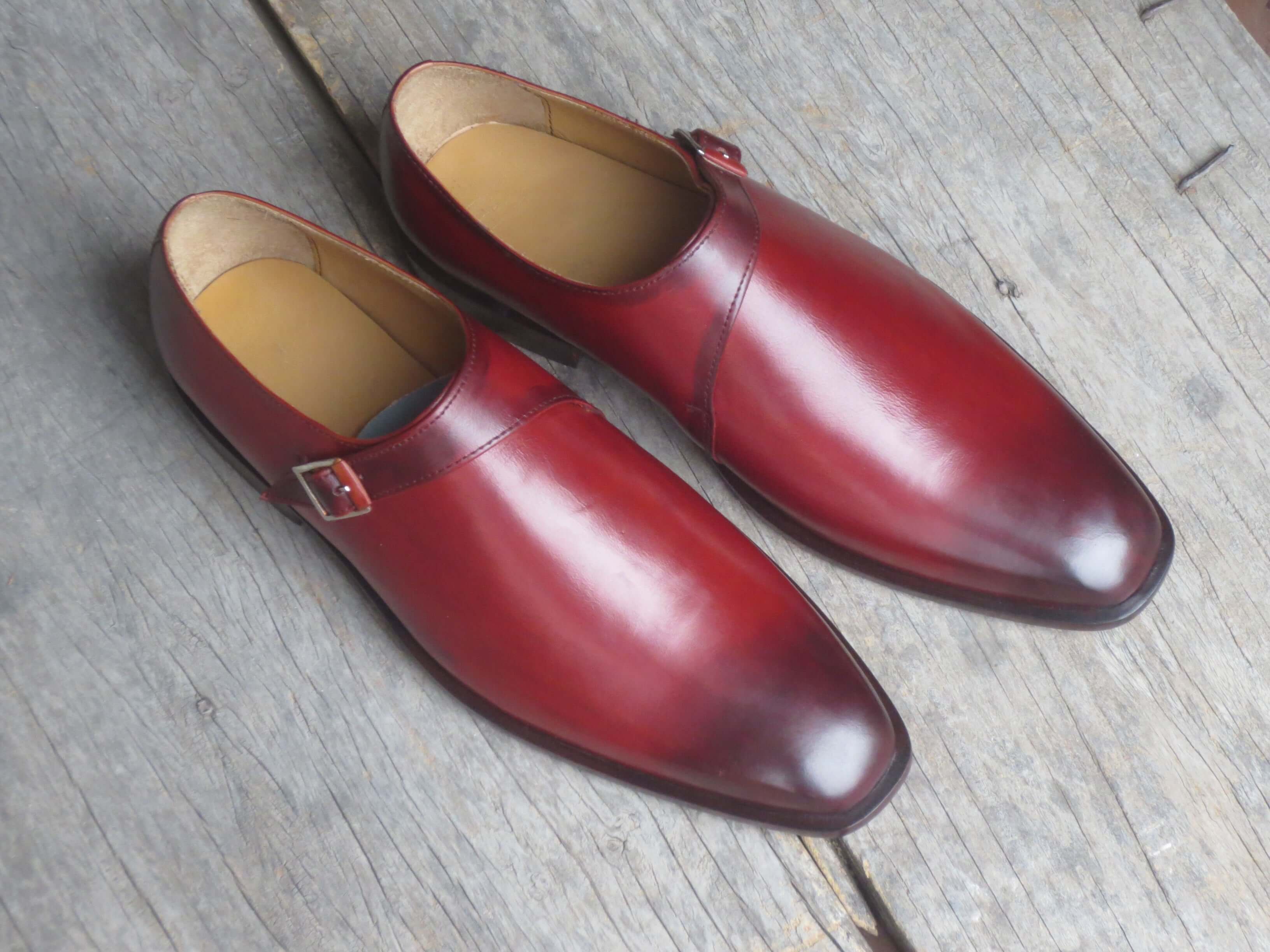 Classic Men's Handmade Burgundy Leather Monk Strap Burnished Toe Dress