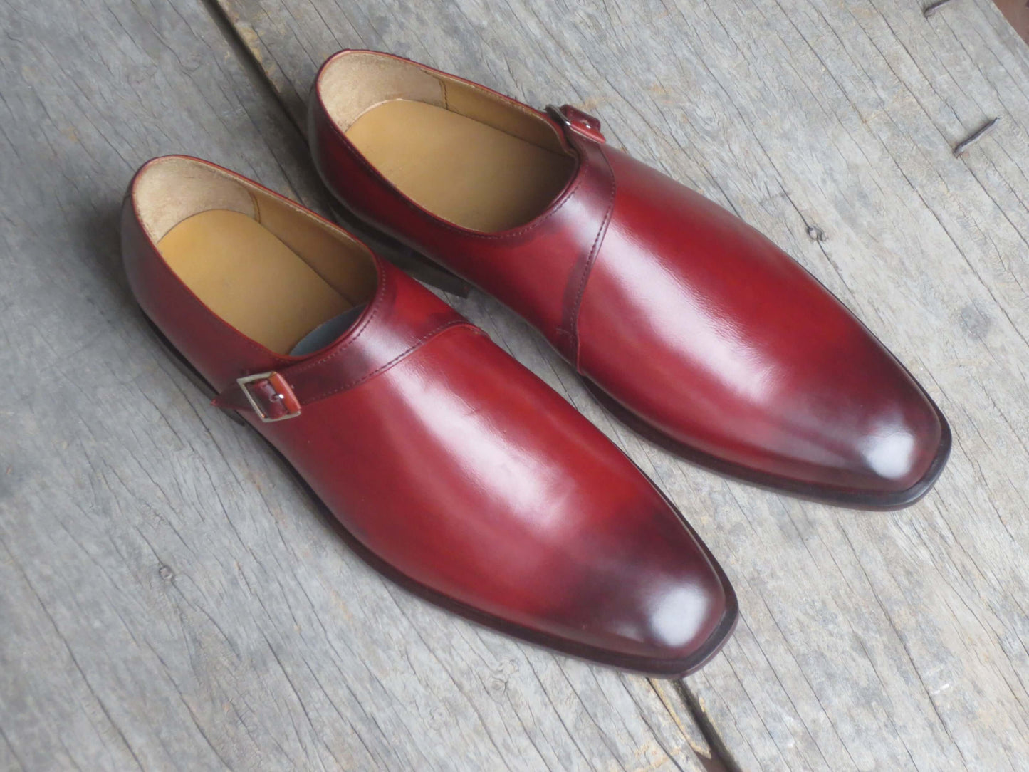 Classic Men's Handmade Burgundy Leather Monk Strap Burnished Toe Dress Shoes - theleathersouq