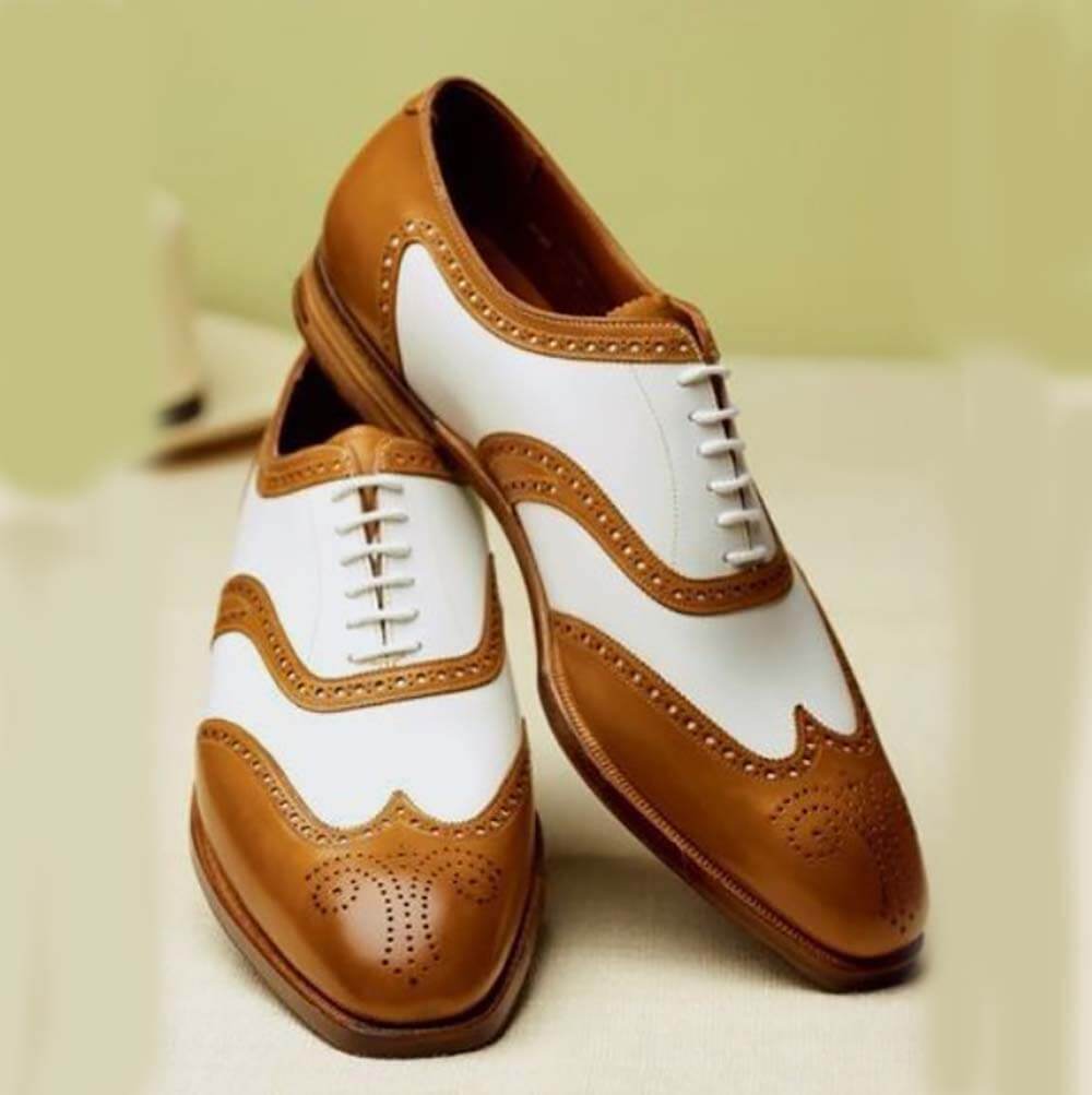 New Stylish Handmade Men's Oxford Wing Tip Brogue Tan & White Leather Shoes - theleathersouq