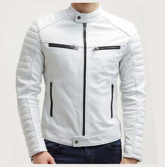 Men White Color Slim Fit Leather Jacket, Men's Fashion Jacket - theleathersouq