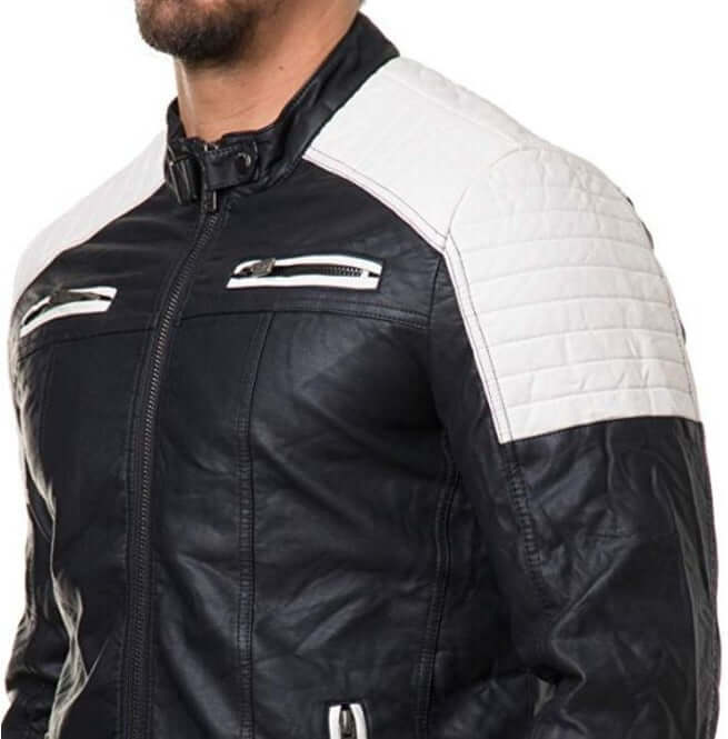 Stylish Men's Black and White Slim Fit Biker Jacket, Men Leather Jacket - theleathersouq