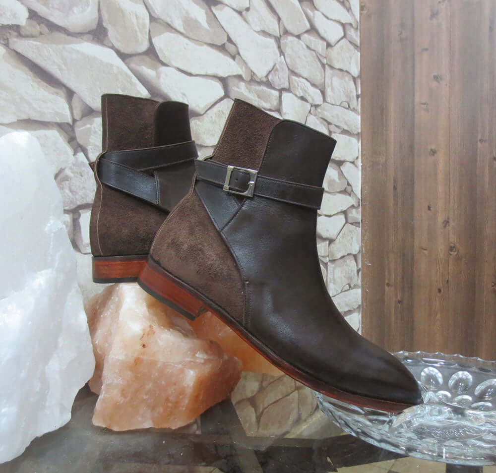 Stylish men's Handmade Leather & Suede Brown Jodhpur Buckle Boots - theleathersouq