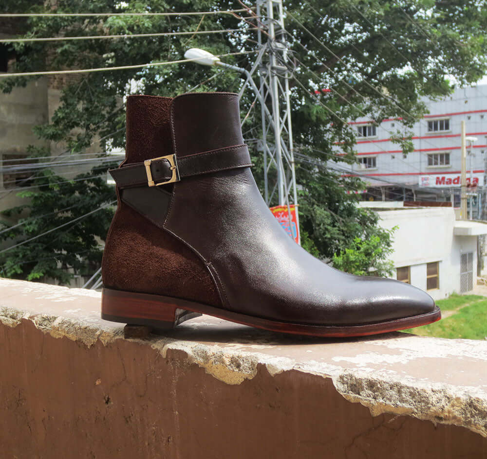 Stylish men's Handmade Leather & Suede Brown Jodhpur Buckle Boots - theleathersouq