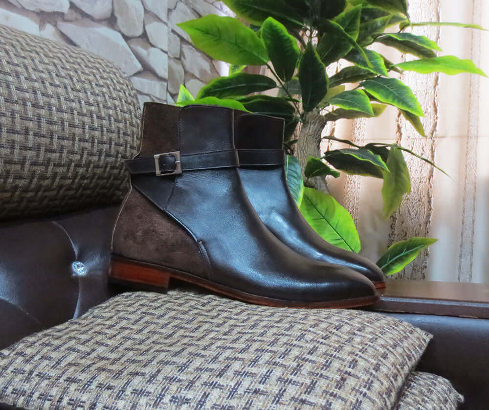 Stylish men's Handmade Leather & Suede Brown Jodhpur Buckle Boots - theleathersouq