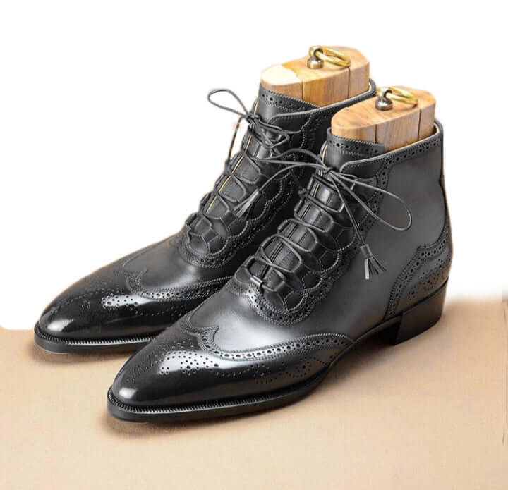 Elegant Handmade Men’s Ankle High Leather Wing Tip Brogue Boots, Men’s Black Color Lace Up Boots - theleathersouq