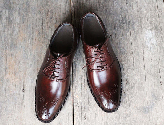 Stylish Handmade Men's Brown Leather Brogue Lace Up Dress Shoes - theleathersouq