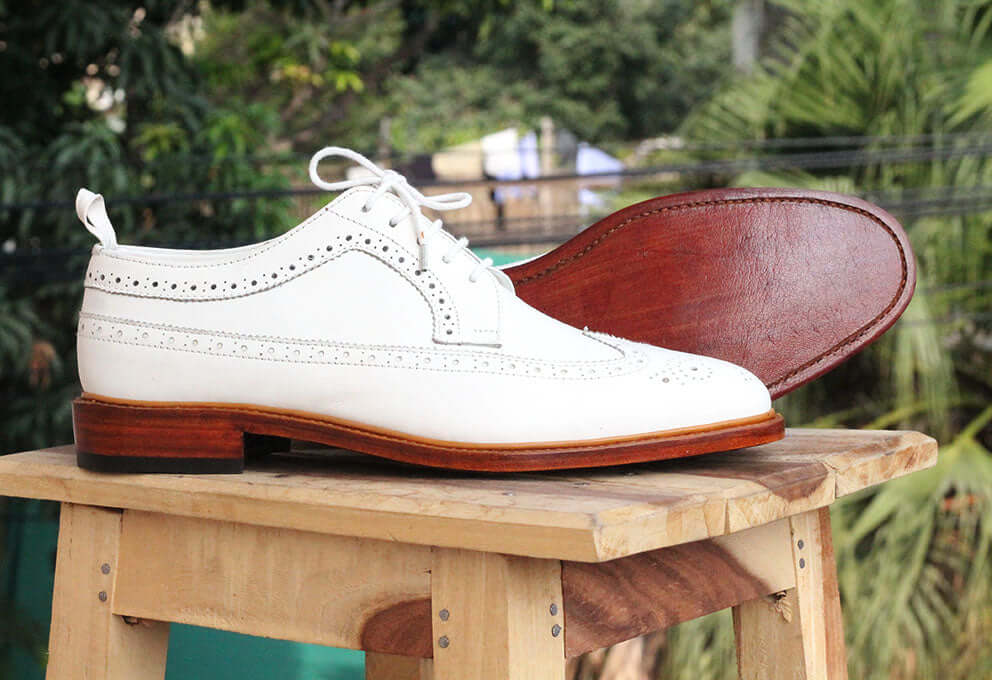 Stylish Handmade Men's White Leather Wing Tip Brogue Lace Up Dress Shoes - theleathersouq