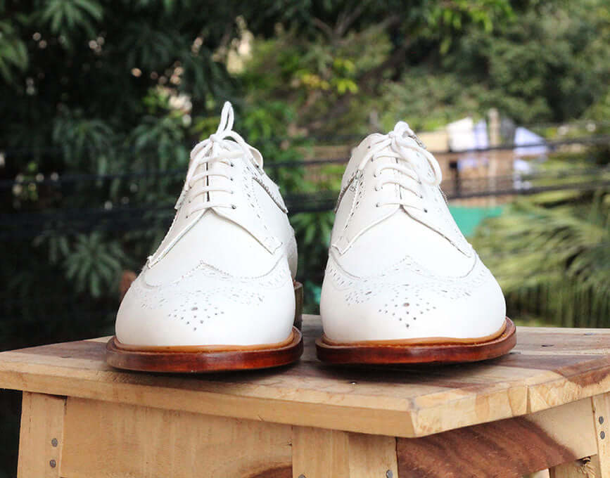 Stylish Handmade Men's White Leather Wing Tip Brogue Lace Up Dress Shoes - theleathersouq