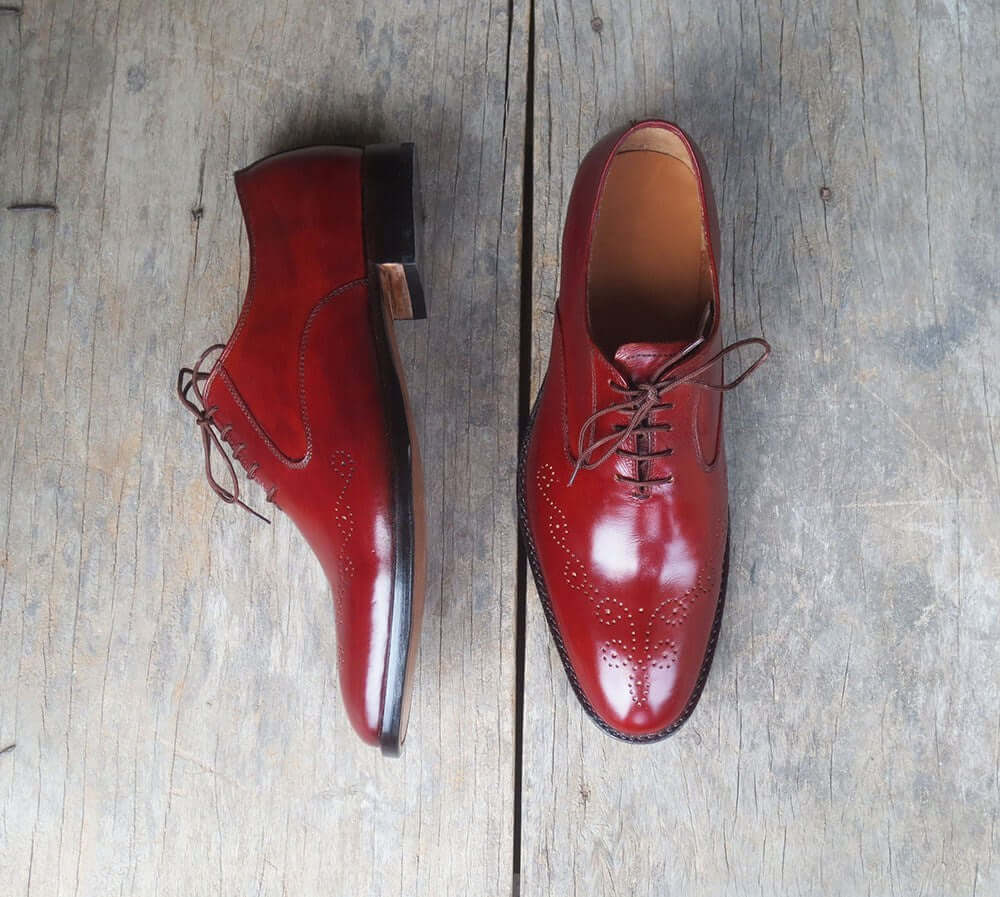 Stylish Men's Handmade Burgundy Color Brogue Leather Lace Up Dress Shoes - theleathersouq