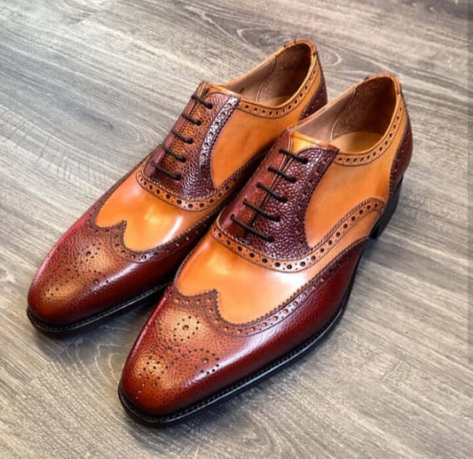 Stylish Handmade Men's Brown & Tan Color Leather Wing Tip Brogue Dress Formal Lace Up Shoes - theleathersouq