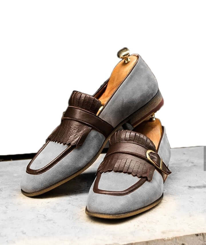 Handmade Men’s Suede Monk Strap Casual Shoes, Men’s Gray & Brown Color Slip On Fringe Shoes - theleathersouq