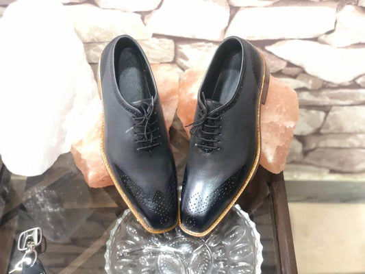 Beautiful Men's Handmade Gray & Black Leather Brogue Toe Lace Up Dress Shoes - theleathersouq