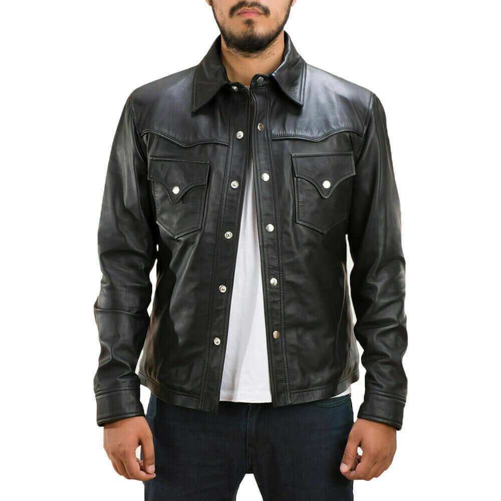 New Men's Genuine Lambskin Leather Biker Jacket, Black Leather button shirt Jacket - theleathersouq