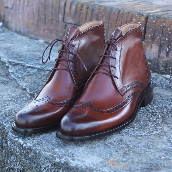 Men's Handmade Elegant Leather Boots, Burgundy brogue Boot, Dress Leather Boots - theleathersouq