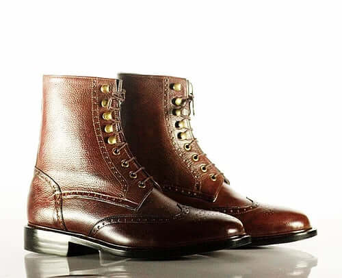 Stylish Handmade Men's Chocolate Brown Pebbled Leather Wing Tip Brogue Lace Up Boots, Men Ankle Boots, Men Fashion Boots