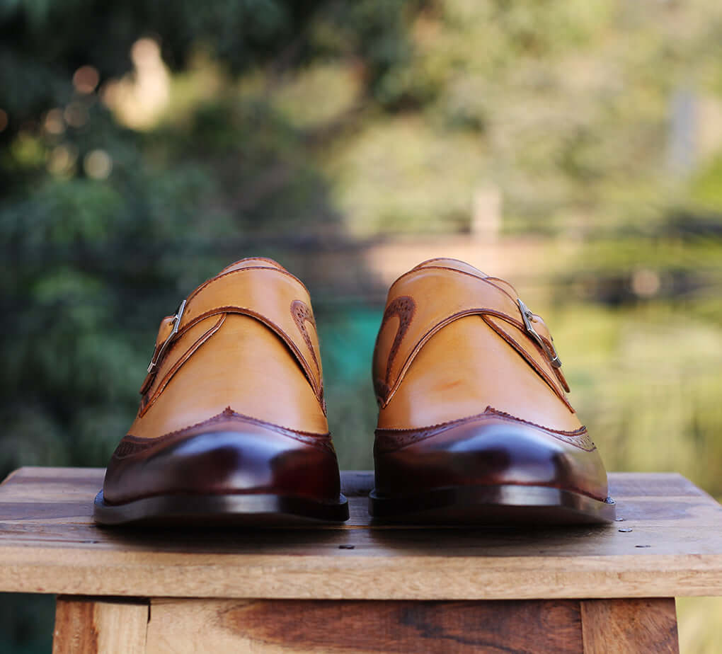 Handmade men's Tan Brown Wingtip Monk Leather Shoes, Men's Monk Dress Shoes - theleathersouq