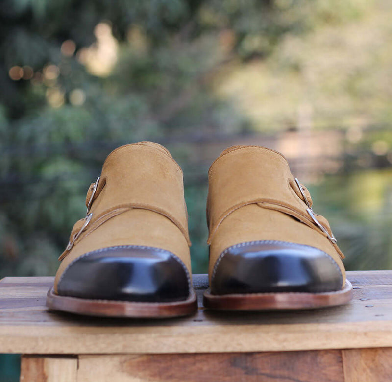 Handmade Men's Leather Suede Cap Toe Shoes, Men Black Tan Double Monk Strap Shoes - theleathersouq