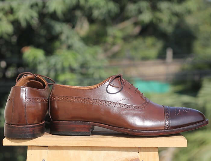 Handmade Men's Two Tone Brown Brogue Leather Shoes, Men's Lace Up Dress Shoes - theleathersouq