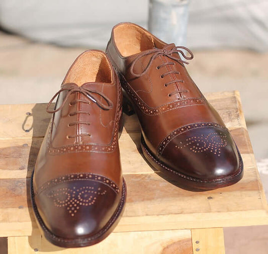 Handmade Men's Two Tone Brown Brogue Leather Shoes, Men's Lace Up Dress Shoes - theleathersouq