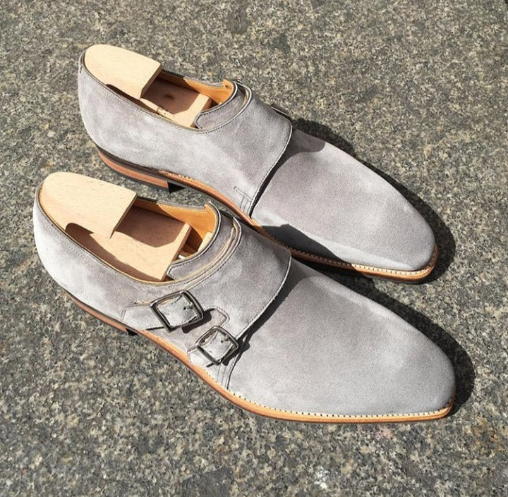 Handmade Men's Gray Suede Double Monk Strap shoes - theleathersouq