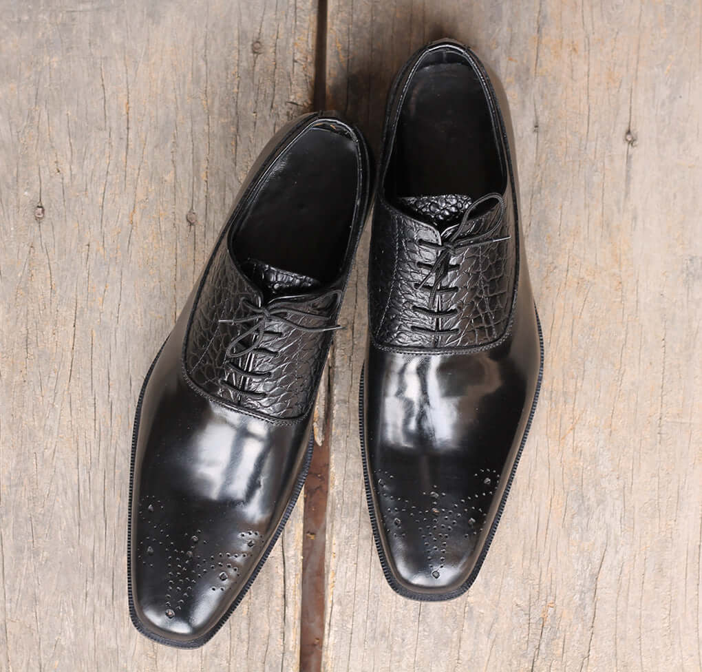 Men's Handmade Black Alligator Leather Brogue Shoes - theleathersouq