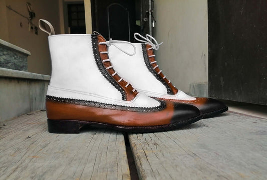 Handmade Men’s Ankle High Lace Up Boots, White & Brown Color Leather Wing Tip Brogue Dress Boots - theleathersouq