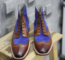 Elegantly Designed Handmade Leather & Suede boots for men, Men's Brown & Blue ankle high boots - theleathersouq