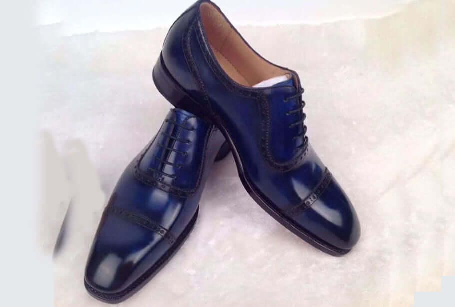 Handmade Men’s Navy Color Leather Shoes, Men Cap Toe Dress Formal Lace Up Shoes - theleathersouq