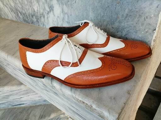 Handmade Men’s White & Tan Leather Shoes, Wing Tip Brogue Dress Lace Up Shoes - theleathersouq