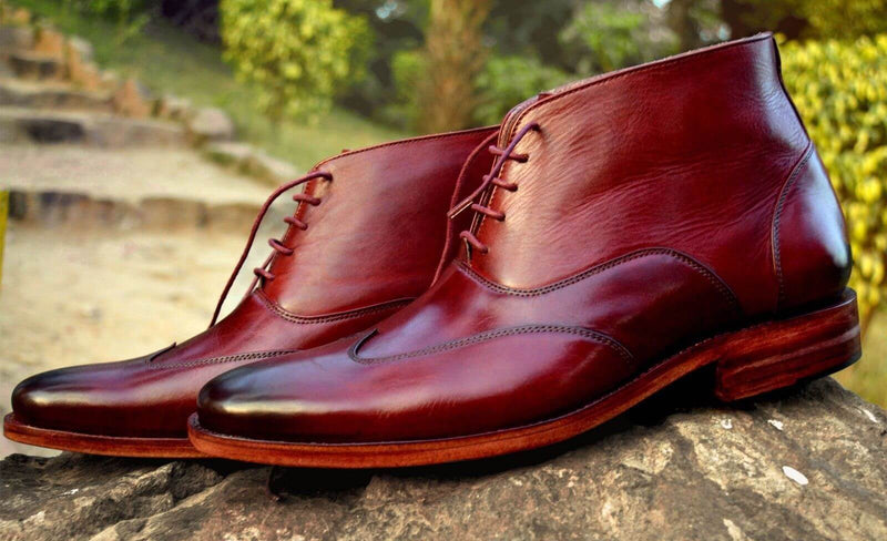 Handmade Men's Wing Tip Burgundy Leather Boots, Men Lace Up Chukka Stylish Boots - theleathersouq