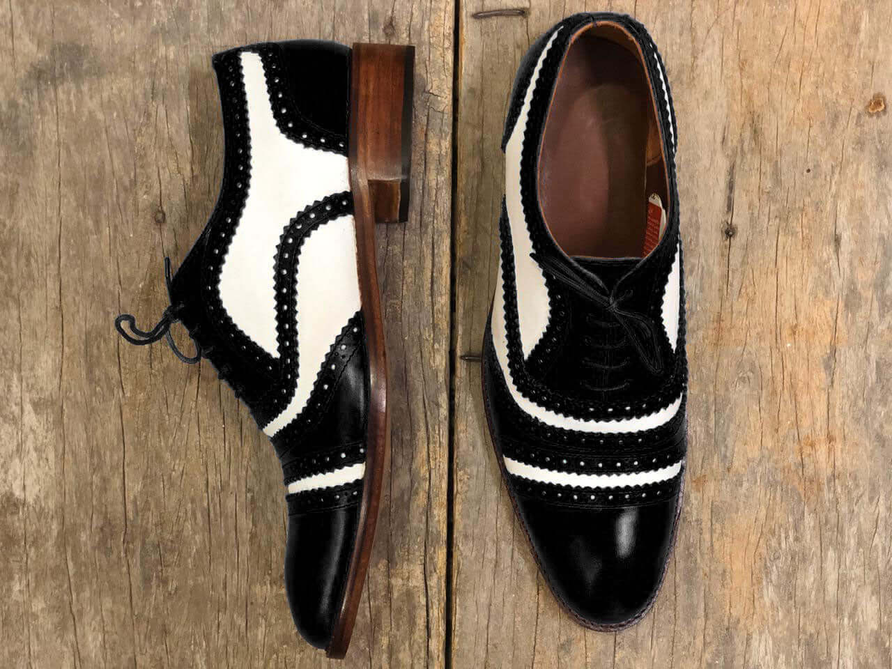 Men's Handmade White Black Cap Toe Leather Lace Up Shoes, Men Formal Dress Shoes - theleathersouq