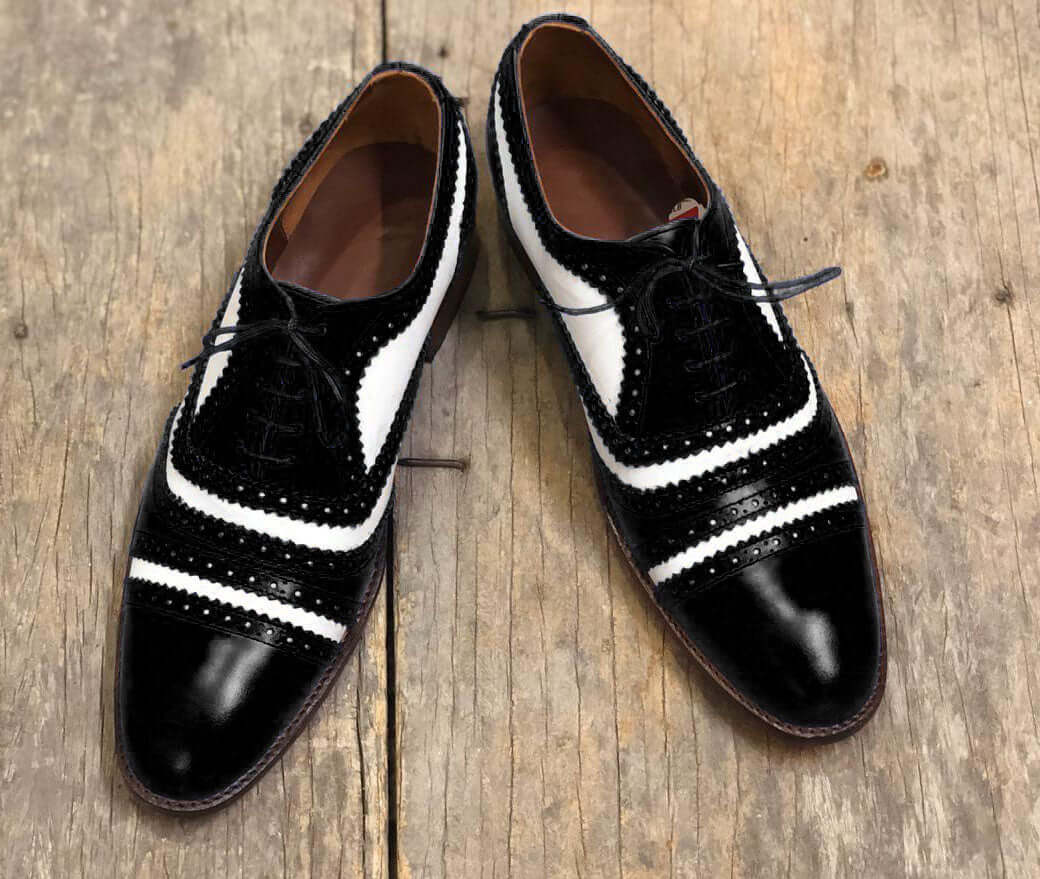 Men's Handmade White Black Cap Toe Leather Lace Up Shoes, Men Formal Dress Shoes - theleathersouq