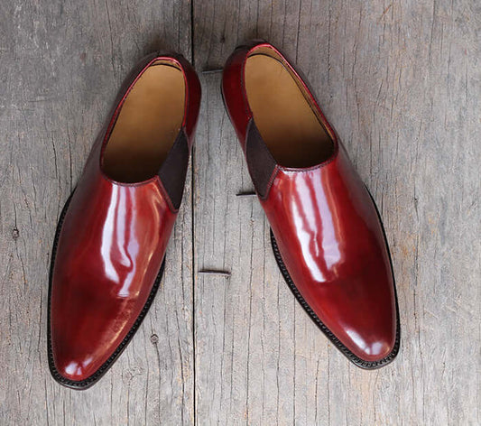 Handmade Men's Burgundy Whole Cut Leather Shoes, Men Slip On Dress For