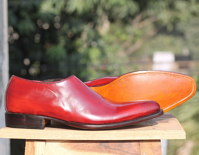 Handmade Men's Burgundy Whole Cut Leather Shoes, Men Slip On Dress Formal Shoes - theleathersouq