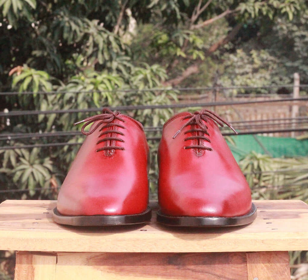 Handmade Men's Burgundy Whole Cut Leather Shoes, Men Lace Up Dress Formal Shoes - theleathersouq