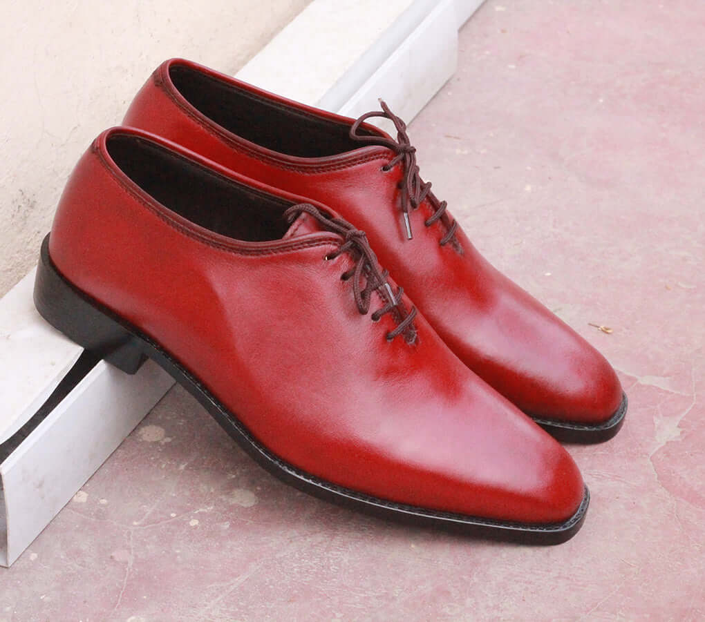 Handmade Men's Burgundy Whole Cut Leather Shoes, Men Lace Up Dress Formal Shoes - theleathersouq