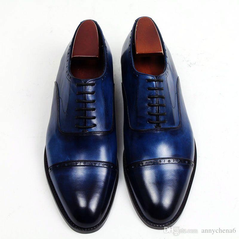 Handmade Men’s Navy Color Leather Shoes, Men Cap Toe Dress Formal Lace Up Shoes - theleathersouq