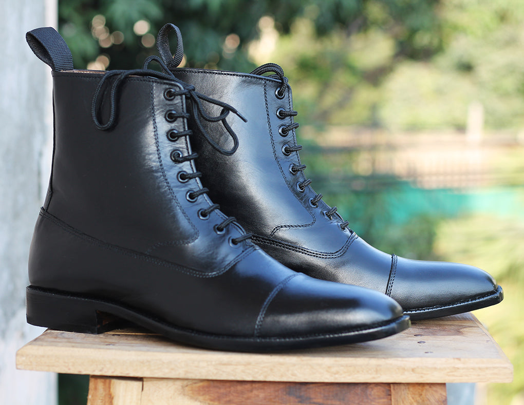 Men's Handmade Boots Black Calf Leather Elegant Derby Casual Dress Boot
