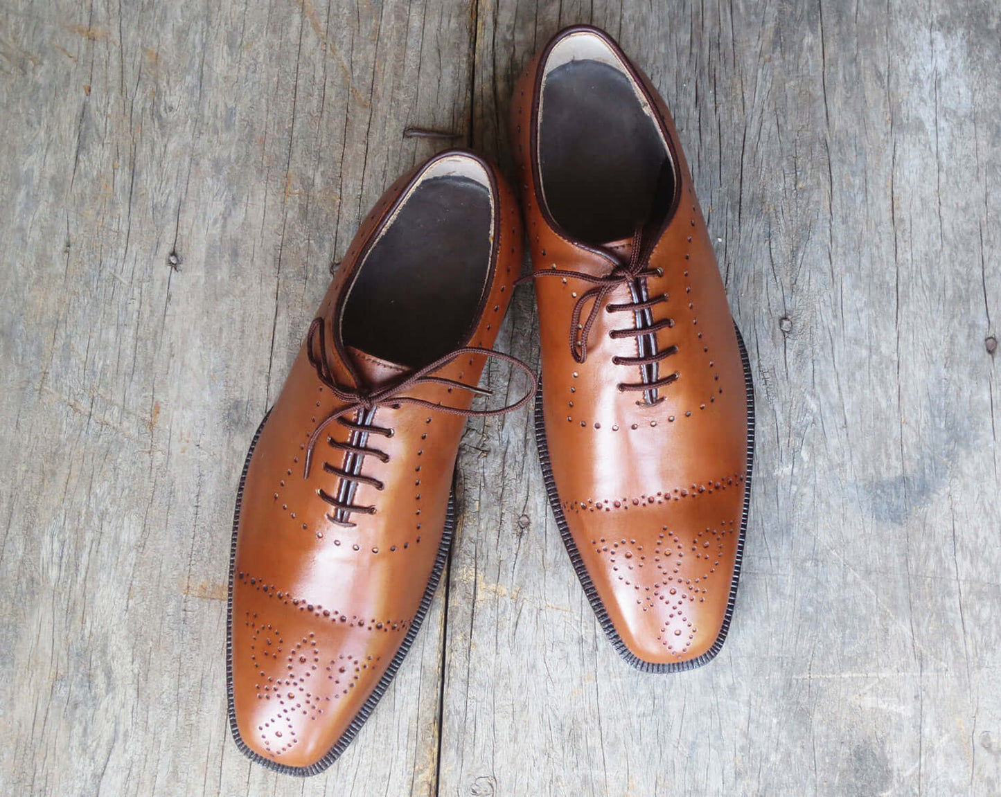 Handmade Men Cap Toe Brogue Tan Leather Stylish Dress Formal Lace Up Shoes - theleathersouq