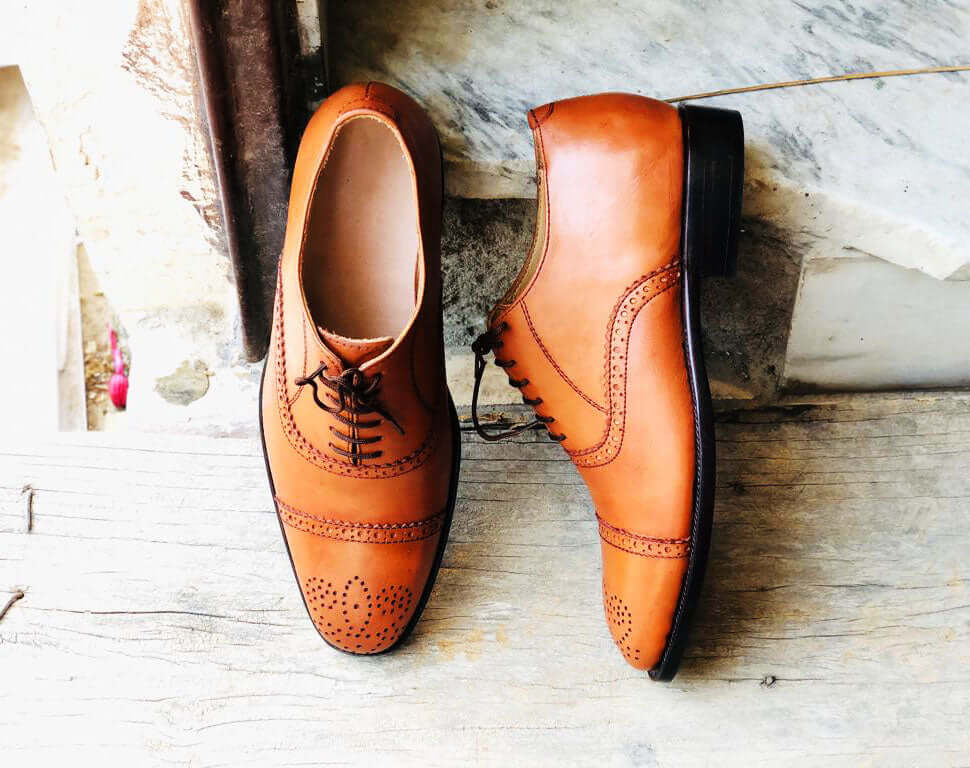 Handmade Men's Oxford Tan Cap Toe Shoes, Men Office Dress Designer Brogue Shoes - theleathersouq