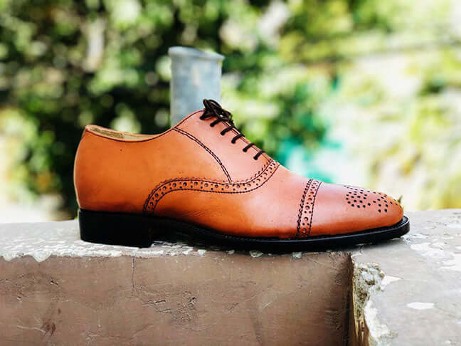 Handmade Men's Oxford Tan Cap Toe Shoes, Men Office Dress Designer Brogue Shoes - theleathersouq