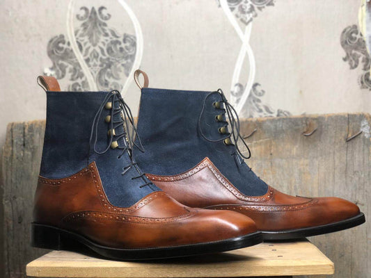 Men's Handmade Brown Blue Wing Tip Leather & Suede Lace Up Ankle High Boots - theleathersouq