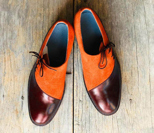 Handmade Men’s Burgundy & Tan Dress Shoes, Men Leather & Suede Lace Up Shoes - theleathersouq