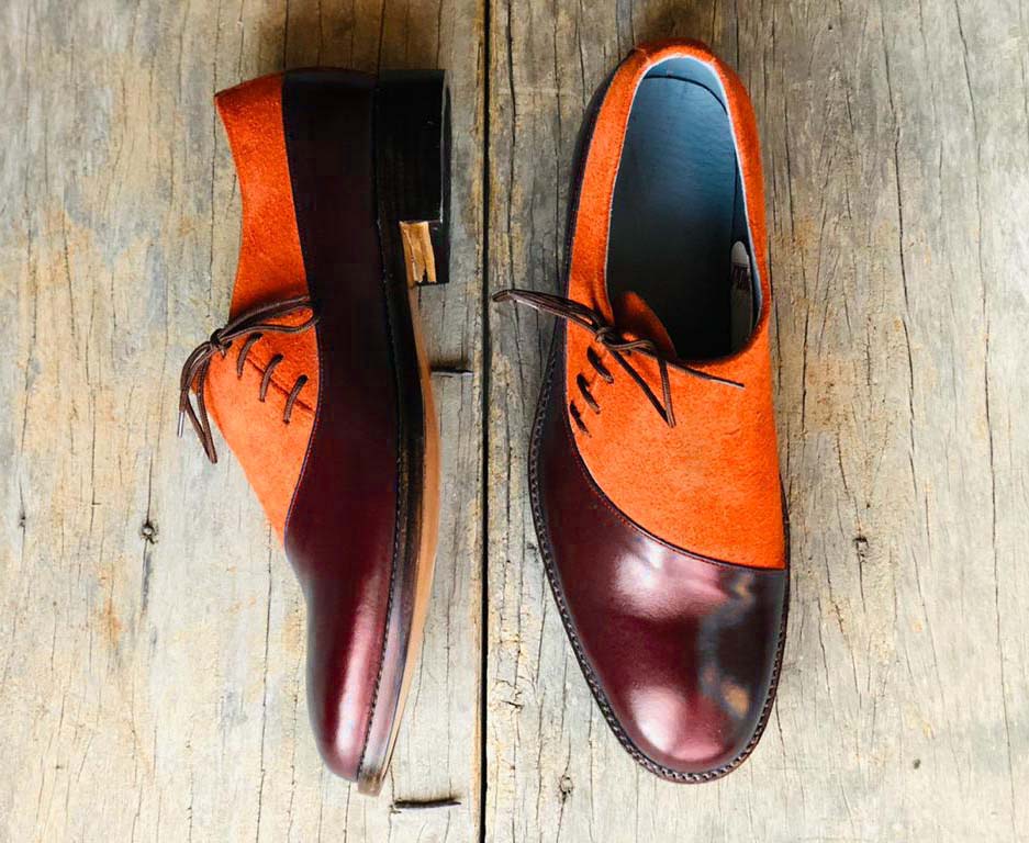 Handmade Men’s Burgundy & Tan Dress Shoes, Men Leather & Suede Lace Up Shoes - theleathersouq