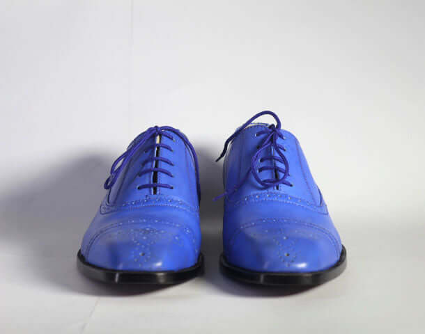 Men’s Handmade Blue Color Leather Shoes, Men Cap Toe Brogue Dress Formal Shoes - theleathersouq