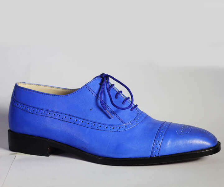 Men’s Handmade Blue Color Leather Shoes, Men Cap Toe Brogue Dress Formal Shoes - theleathersouq