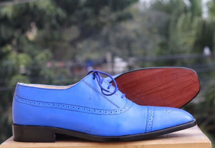 Men’s Handmade Blue Color Leather Shoes, Men Cap Toe Brogue Dress Formal Shoes - theleathersouq